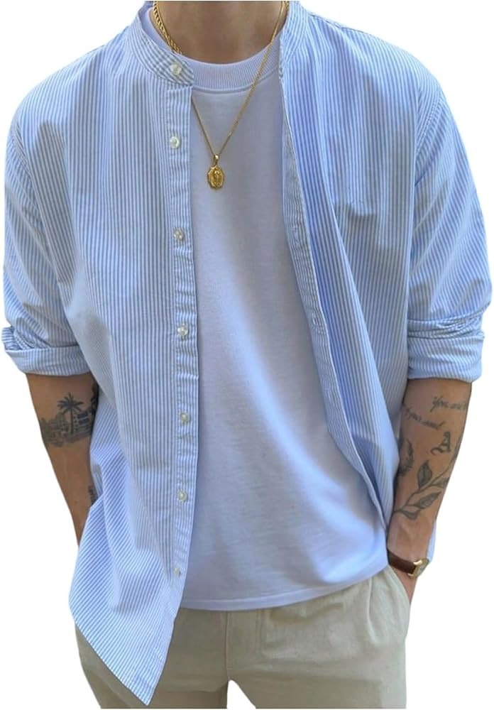Men's Striped Dress Shirts Long Sleeve Button Down Banded Collar Business Casual Shirt | Amazon (US)