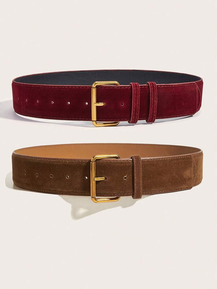 Christmas, Elegant Velvet Women's Belt Set, Minimalist Solid Color Belt, Gold Alloy Buckle, Burgu... | SHEIN
