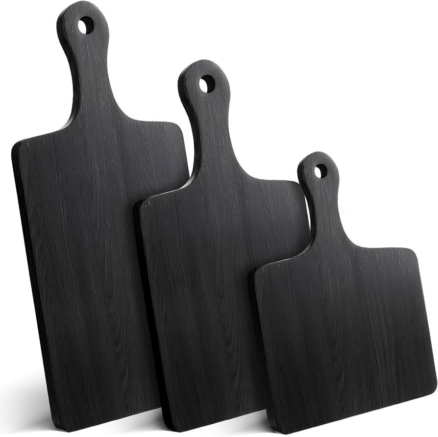 3 Packs Black Acacia Wood Cutting Boards with Handle Wooden Pizza Paddle Serving Boards Tray Char... | Amazon (US)