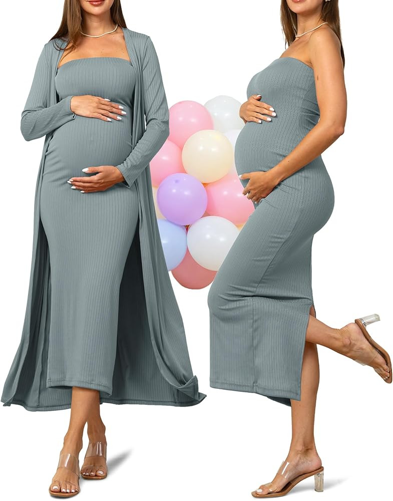 Rnxrbb 2 Piece Maternity Dress Cardigan Baby Shower Wedding Guest Summer Maxi Photoshoot Tube Mat... | Amazon (US)