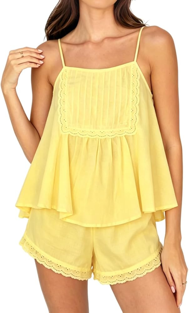 Womens Summer 2 Piece Short Sets Sleeveless Ruffle Trim Top and Shorts Cotton Pajamas Set | Amazon (US)