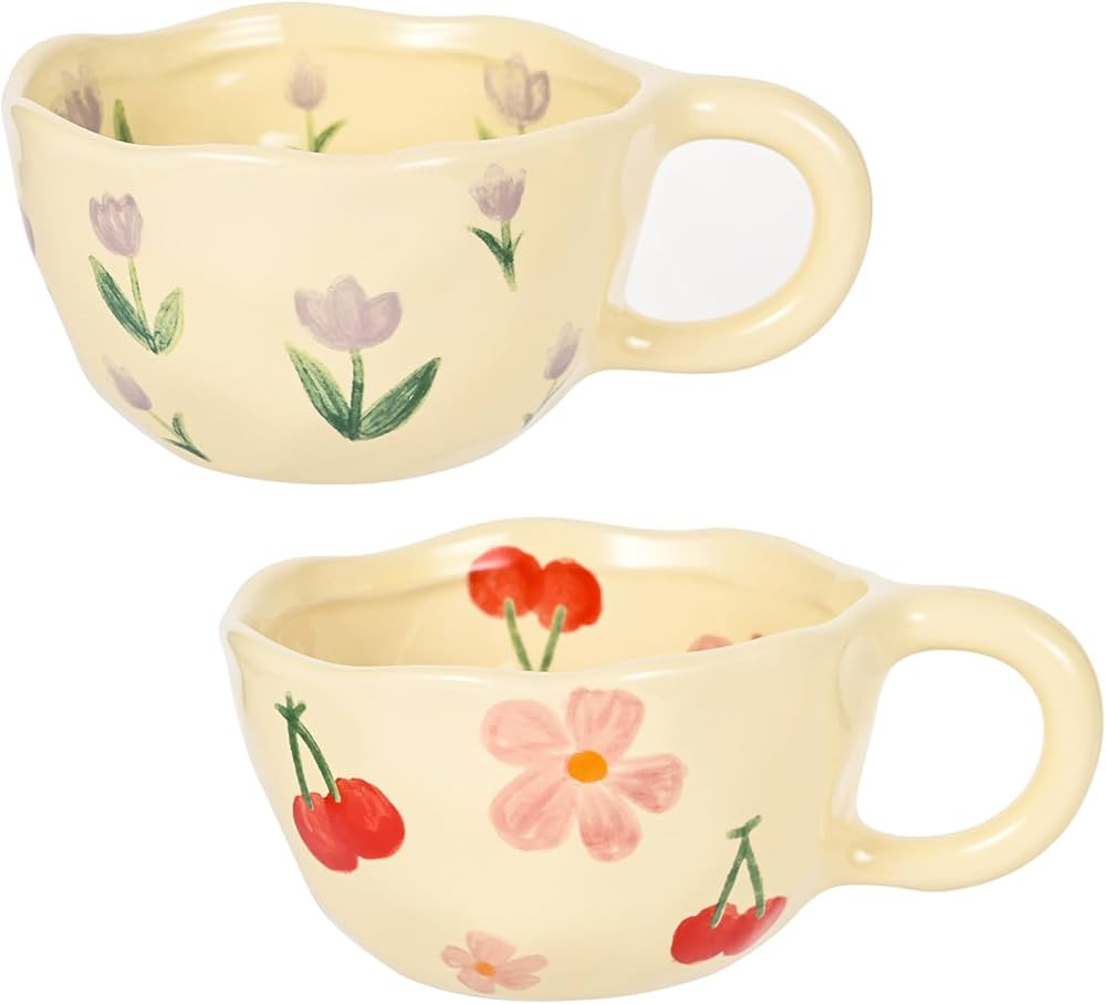 2 Pack Ceramic Coffee Mugs, Unique Creative Flower Mug Vintage Floral Tea Cups with Handles, 10 o... | Amazon (US)