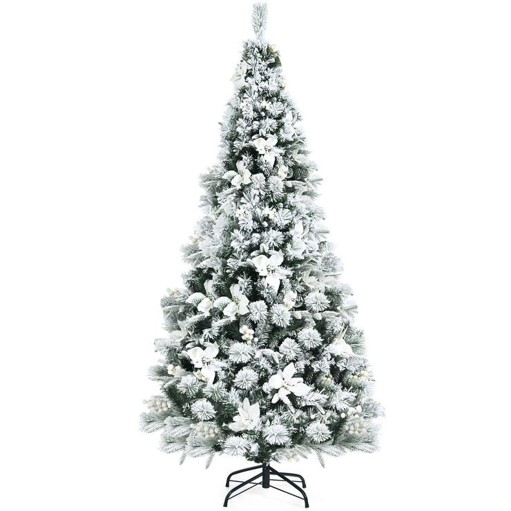 Costway 5ft/6ft/7ft/8ft Snow Flocked Hinged Christmas Tree w/ Berries & Poinsettia Flowers | Target
