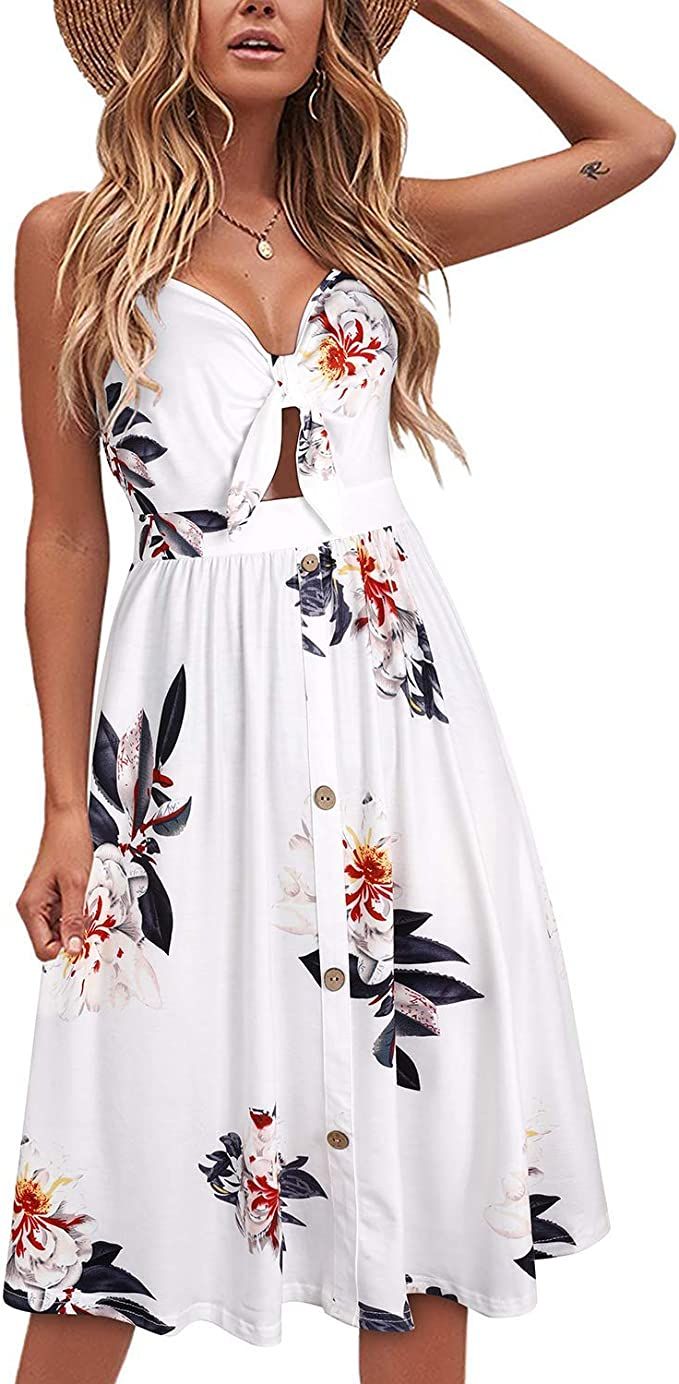 VOTEPRETTY Womens Summer Floral Sundress V Neck Tie Front Spaghetti Strap Dresses with Pockets | Amazon (US)