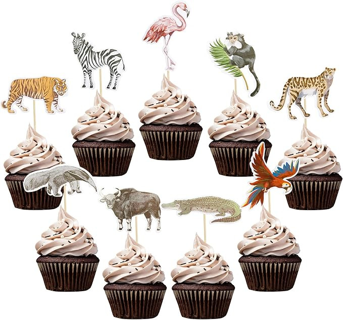 Gyufise 36Pcs Jungle Safari Animal Cupcake Toppers Tiger Zebra Cow Lion Cupcake Pick Decorations ... | Amazon (US)