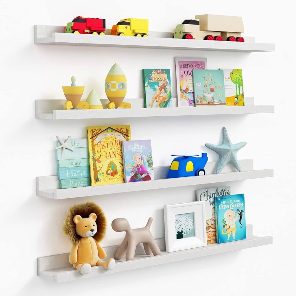 White Floating Shelves Kids Bookshelf Wall Mounted Set of 4, 36 Inches Long Nursery Wooden Book S... | Amazon (US)