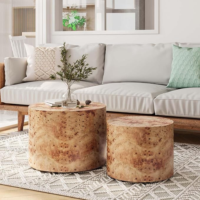 Nesting Coffee Table Set of 2, Modern Round Coffee Table and End Table Set, Natural Burl Center T... | Amazon (US)