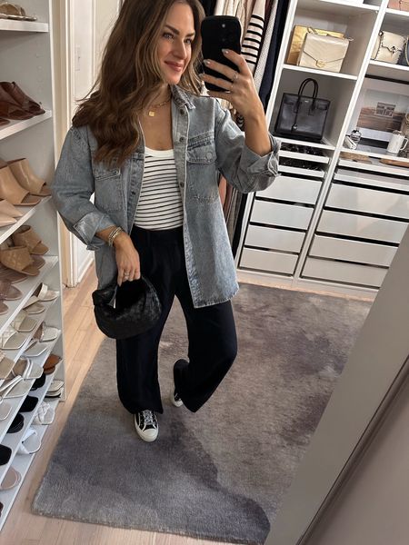 Cute & casual outfit inspo! I’m wearing a size S & a 25R in the trousers.  // striped tank, tailored pants, denim shacket, casual outfit, fall outfit, fall outfits