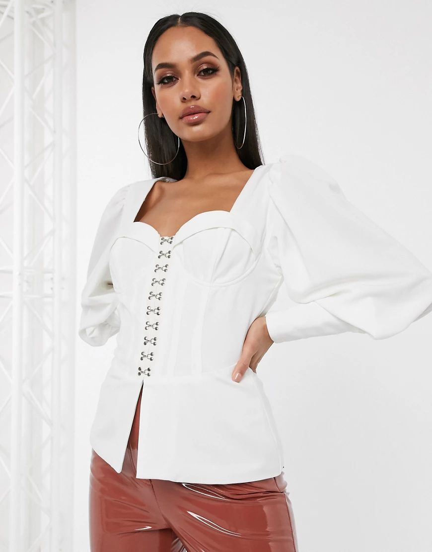 Lavish Alice corset detail top with balloon sleeves in white | ASOS (Global)