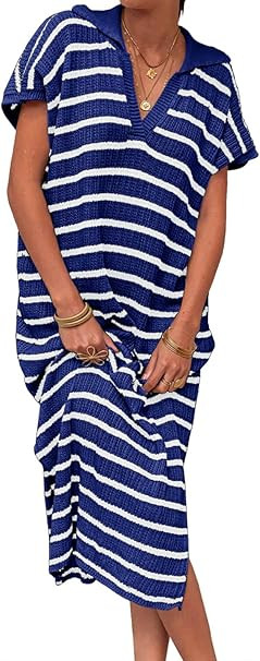 Saodimallsu Womens Striped Summer Dresses Short Sleeve V Neck Knit Collared Sexy Slit Loose Maxi ... | Amazon (US)