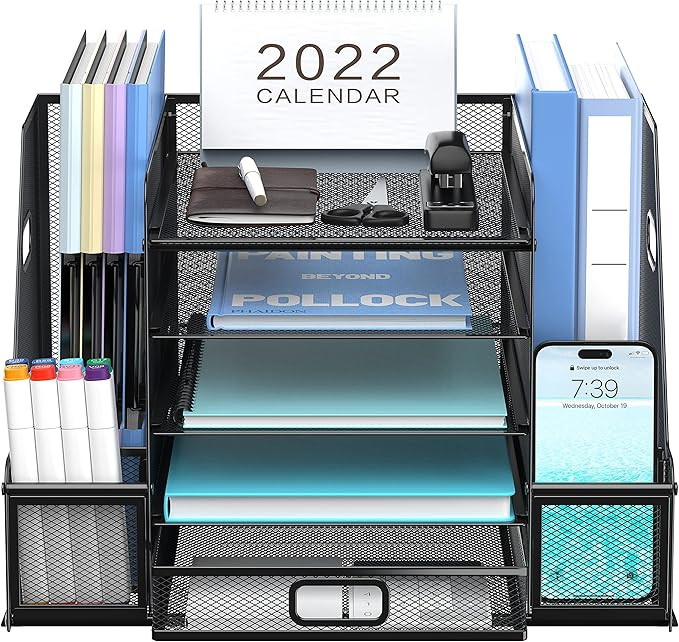 SUPEASY Mesh Desk Organizer with File Holder, 5-Tier Paper Letter Tray Organizer with Magazine Ho... | Amazon (US)
