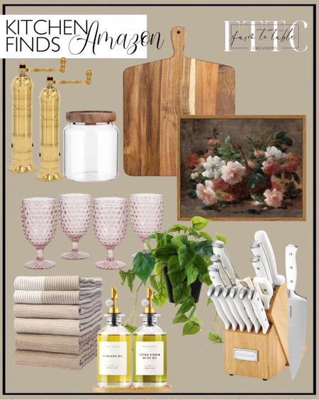 Amazon Kitchen Finds. Follow @farmtotablecreations on Instagram for more inspiration.

Floral Framed Wall Art, Roses Bathroom Art Decor Aesthetic, 9x11 Inch Canvas Art. Brass Salt & Pepper Mills. MARTHA STEWART Chauncey 4-Pack 14.2 oz Hobnail Handmade Glass Goblet - Pink. Acacia Wood Cutting Board and Chopping Board with Handle. Artificial Scindapsus Aureus, Realistic Fake Plant. Olive Oil Dispenser Bottle with Bamboo Tray, w.Metal Pour Spout, Coffee Syrup Dispenser. Premium Dish Towels (20”x 28”, 6 Pack) | Large Cotton Kitchen Hand Towels | | Flat & Terry Highly Absorbent Tea Towels. Cuisinart 15-Piece Knife Set with Block, High Carbon Stainless Steel. Glass Storage Container Airtight Food Jars Kitchen Canister. Amazon Kitchen Finds. Amazon Home. Amazon Must Haves. Affordable Amazon Finds. 

#LTKhome #LTKfindsunder50 #LTKsalealert