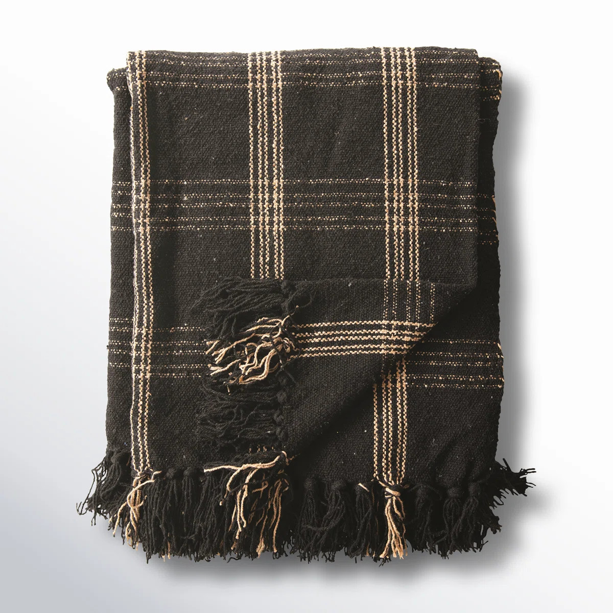 AllModern Eunice Soft Woven Reclaimed Cotton Blend Throw with Fringe, Black and Tan Plaid & Revie... | Wayfair North America