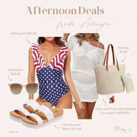 Afternoon deals! I’ve paired a one piece patriotic bathing suit with a crochet cover up skirt and top set (I own both), Reef slide sandals, a tote bag and sunglasses. 

4th of July outfit, mom friendly swimsuit, summer outfit, ootd, deal of the day

#LTKswim #LTKfindsunder50 #LTKsalealert