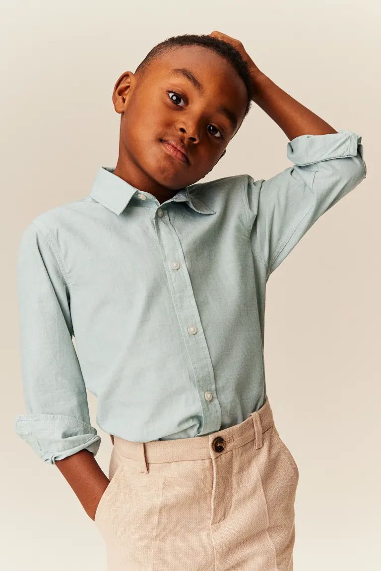 Long-sleeved Cotton Shirt - Light dusty turquoise - Kids | H&M US | H&M (US + CA)