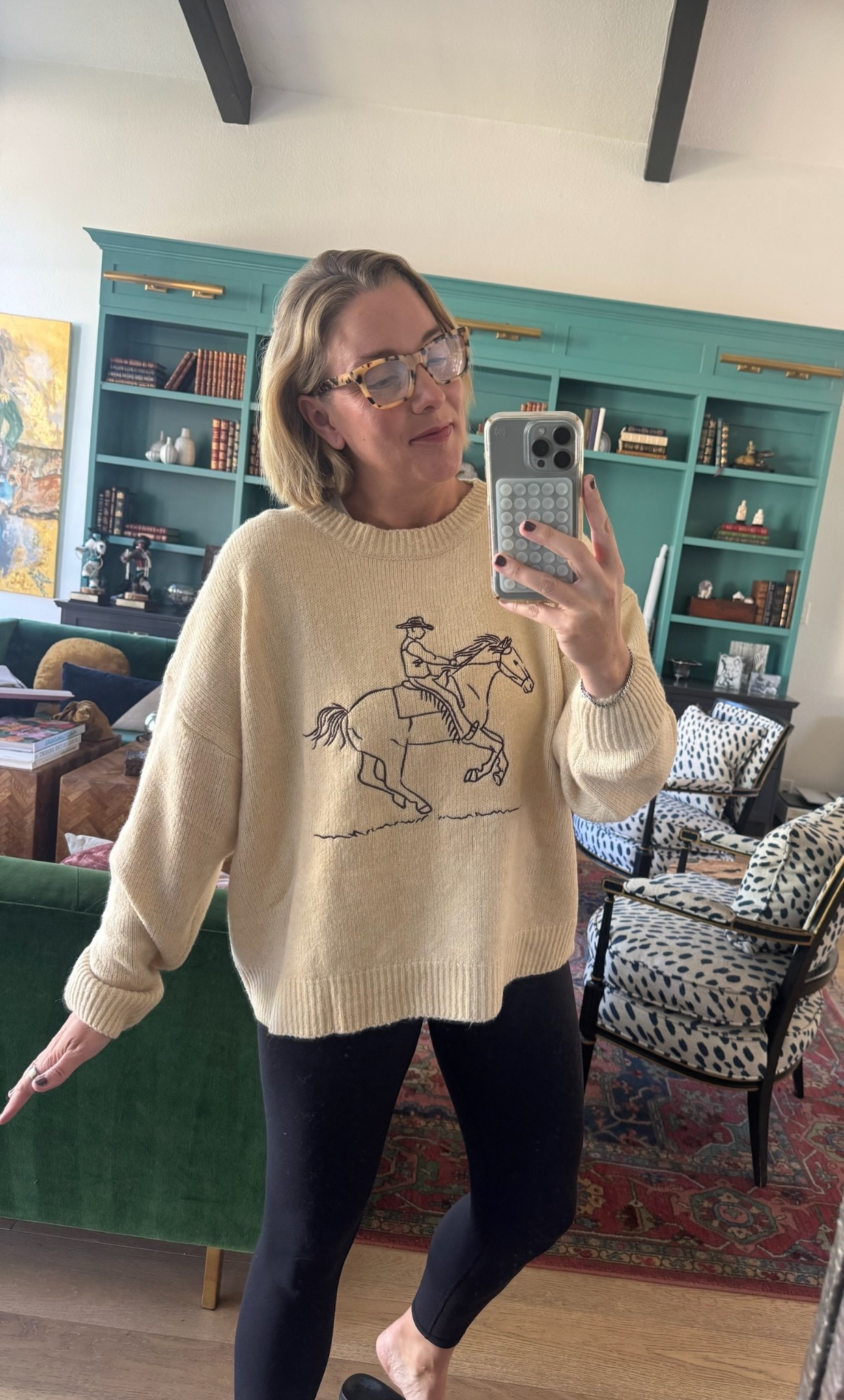 Cute horse sweater for fall 🐴

Price point is great on this. Allison sized up for a larger fit. Plus how fun are her new readers from Machete? 

#LTKOver40 #LTKSeasonal #LTKStyleTip