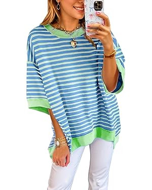 Oversized T Shirts for Women Casual Short Sleeve Striped Knit Shirt Crewneck Sweatshirts High Low... | Amazon (US)