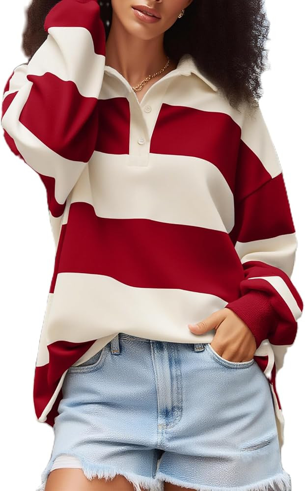Amiblvowa Rugby Shirt Women Striped Collared Long Sleeve Polo Shirts Oversized Color Block Sweats... | Amazon (US)