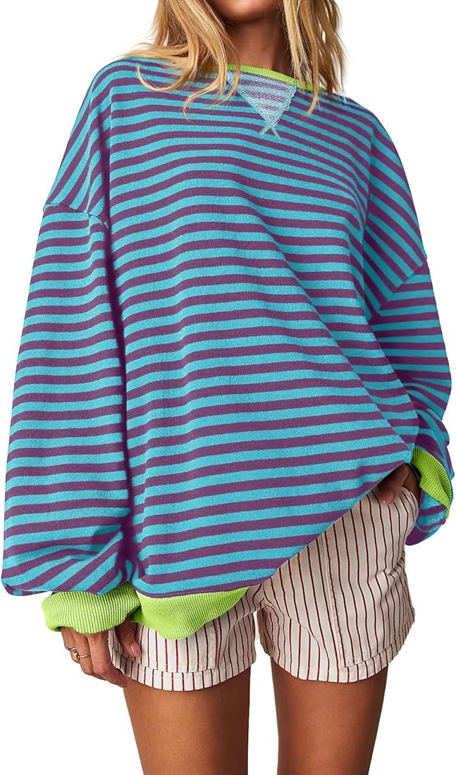 Fisoew Womens Striped Oversized Sweatshirt Color Block Crew Neck Long Sleeve Shirt Casual Loose P... | Amazon (US)