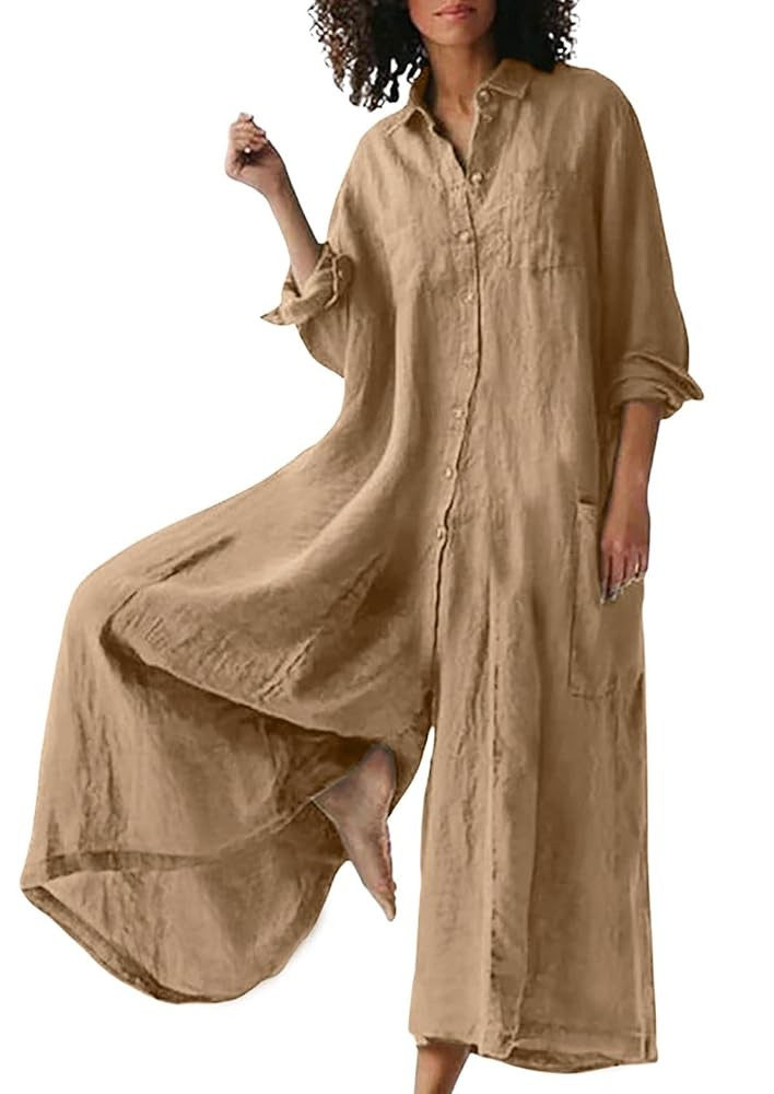 CHARTOU Women Linen Button Down Long Sleeve Wide Leg Jumpsuit Beach Palazzo Pants One Piece Jumps... | Amazon (US)
