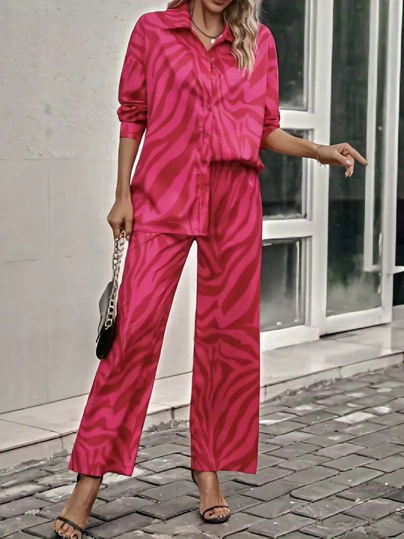 Print Two piece Set Casual Button Shirt Wide Leg Pants - Temu | Temu Affiliate Program