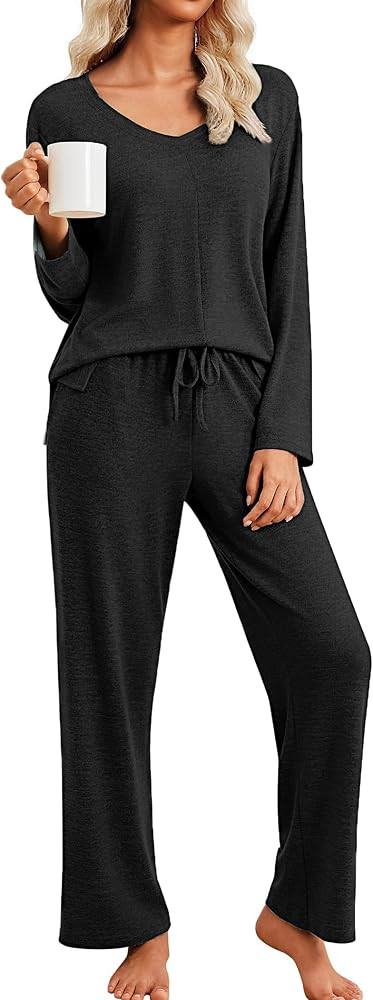 Ekouaer Pajamas for Women Set Long Sleeve 2 Piece Lounge Sets V Neck Matching Pjs Soft Sleepwear ... | Amazon (US)