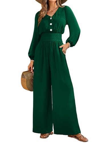 LOOKBOHO Long Sleeve Womens Jumpsuits Dressy Casual 2025 V Neck High Waist One Piece Wide Leg Romper Green Large | Amazon (US)