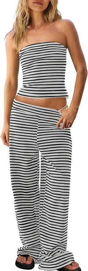 Panadila Womens Striped Lounge Set Tube Top and Pant Set | Amazon (US)