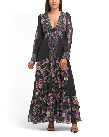 Long Sleeve Floral Maxi Dress With Border Detail | TJ Maxx