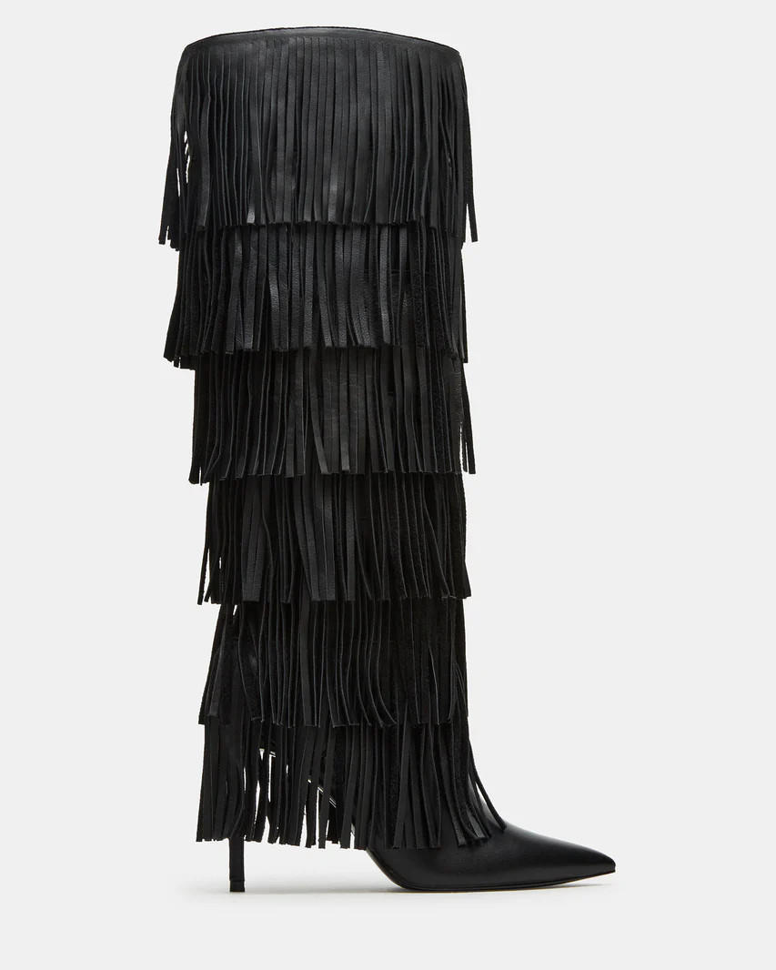 WANDERLUST Black Leather Knee-High Fringe Boot | Women's Boots | Steve Madden (US)