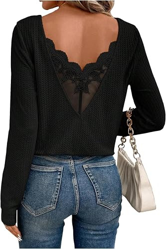 SOLY HUX Women's Long Sleeve T Shirts Lace Back Scoop Neck Tee Knitted Tops Fall Clothes | Amazon (US)