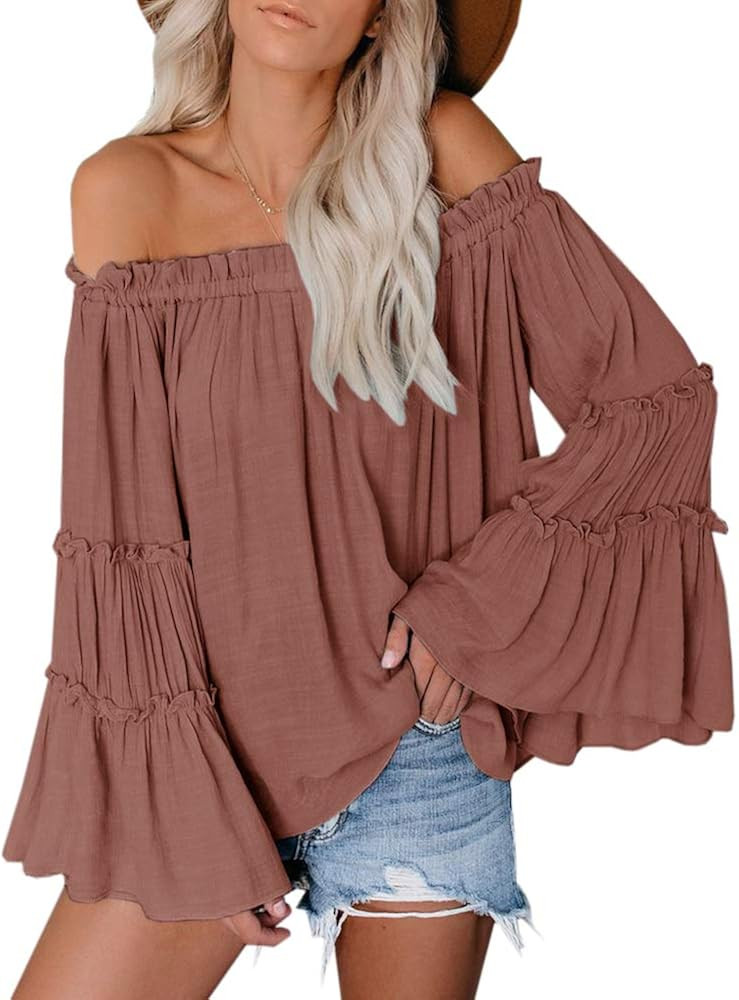 Womens Off The Shoulder Long Bell Sleeve Tops Flared Casual Loose Blouse | Amazon (US)