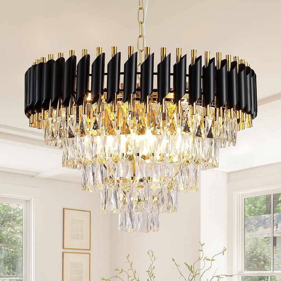Modern Crystal Chandelier, 24’’ Black & Gold Chandelier 5 Tiers Round Chandelier for Foyer K9... | Amazon (US)