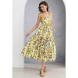 Vibrant Lemon Print Tie-Shoulder Buttoned Midi Dress | Chicwish