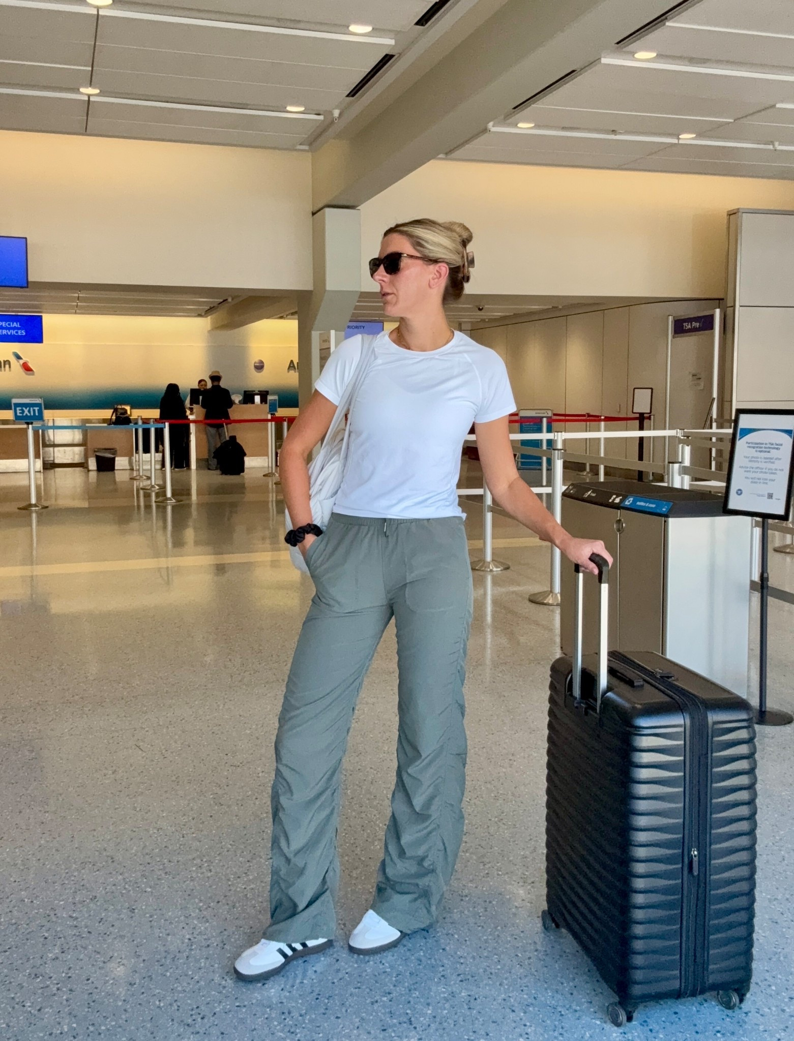 Travel day outfit with my Lululemon look for less studio dance pants. They are 34” inseam but run long as you can see- would recommend for up to 36” inseam girlies. Drawstring hem and super comfortable waistband for travel. Airport outfit, activewear, 

#LTKTravel #LTKFindsUnder50 #LTKCon