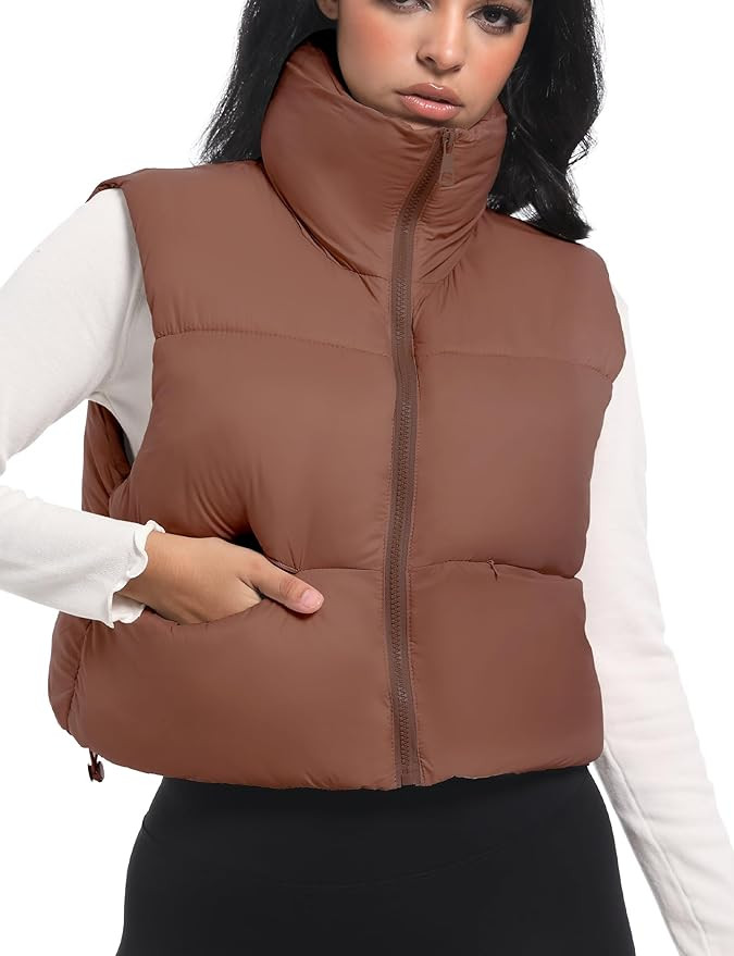 Cropped Puffer Vest Women Winter Puffy Vest with Pockets Lightweight Stand Collar Zip Up Sleevele... | Amazon (US)