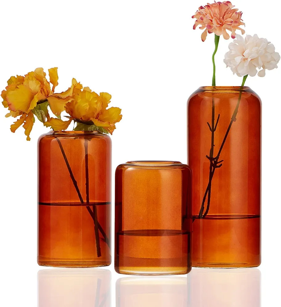 FORYILLUMI Set of 3 Amber Bud Vases in Bulk,Modern Small Medium Amber Bud Vases for Home Decor Fl... | Amazon (US)