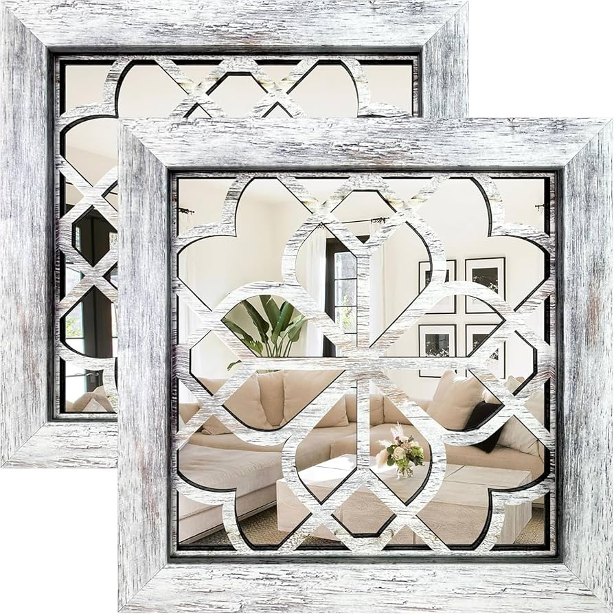 Boho Wall Mirror Decor, Set of 2 Rustic Farmhouse Accent Mirrors 12x12 Inch, Square Acrylic Shatt... | Amazon (US)