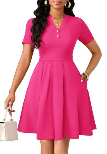 MarryUP Womens Short Sleeve V Neck Casual Semi-Formal Cocktail Party A-Line Swing Pleated A Line Midi Dress with Pockets Rose Red 3XL | Amazon (US)