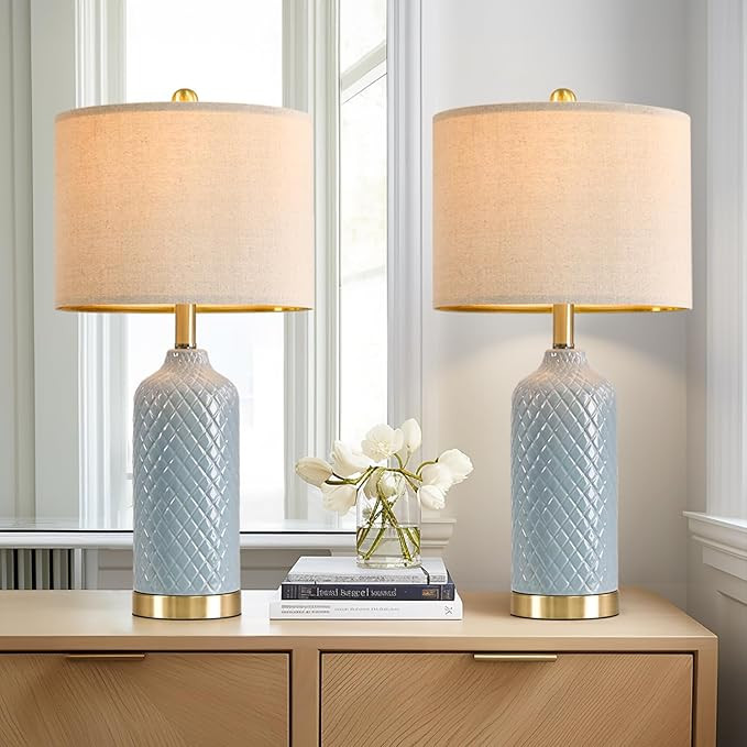 24.25" Modern Ceramic Blue Table Lamps Set of 2 for Living Room Bedroom Bedside Table Lamp for Ni... | Amazon (US)