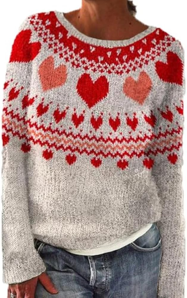 Heart Sweater for Women Cute Long Sleeve Crewneck Pullover Ribbed Knit Love Sweaters | Amazon (US)