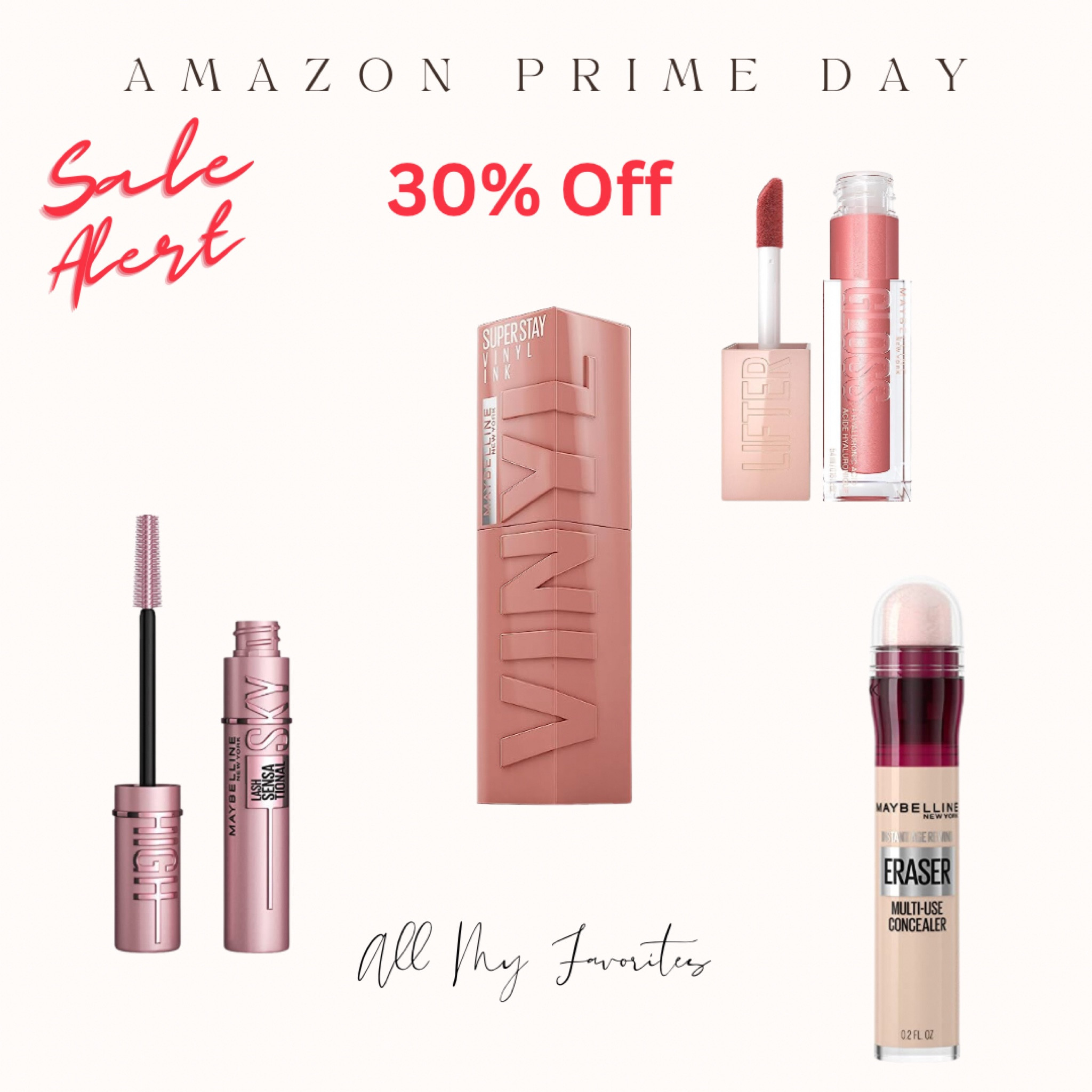 Amazon Prime Day Deals - Favorite Maybelline Products.  Mascara, Lip Vinyl, Eye Concealer and Plumping Lip Gloss!

#LTKxPrimeDay #LTKbeauty #LTKsalealert