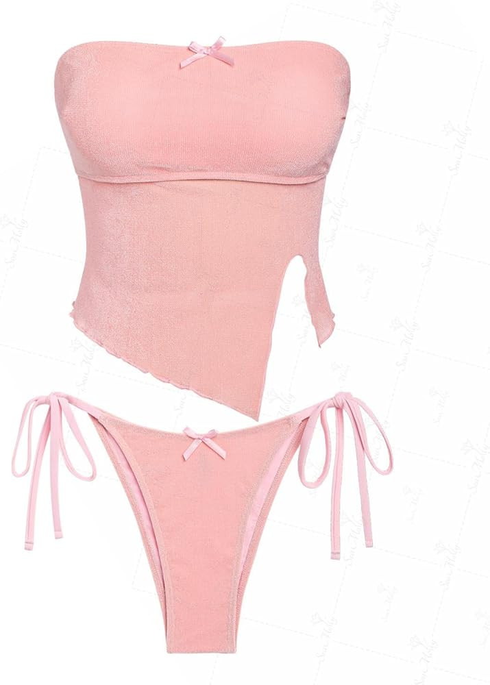 seamoly Lace Asymmetrical Slit Bowknot Decor Tie Side Tankini Set | Amazon (US)