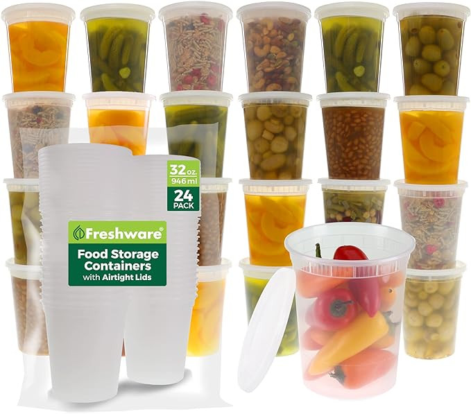 Freshware Food Storage Containers [24 Set] 32 oz Plastic Deli Containers with Lids, Slime, Soup, ... | Amazon (US)