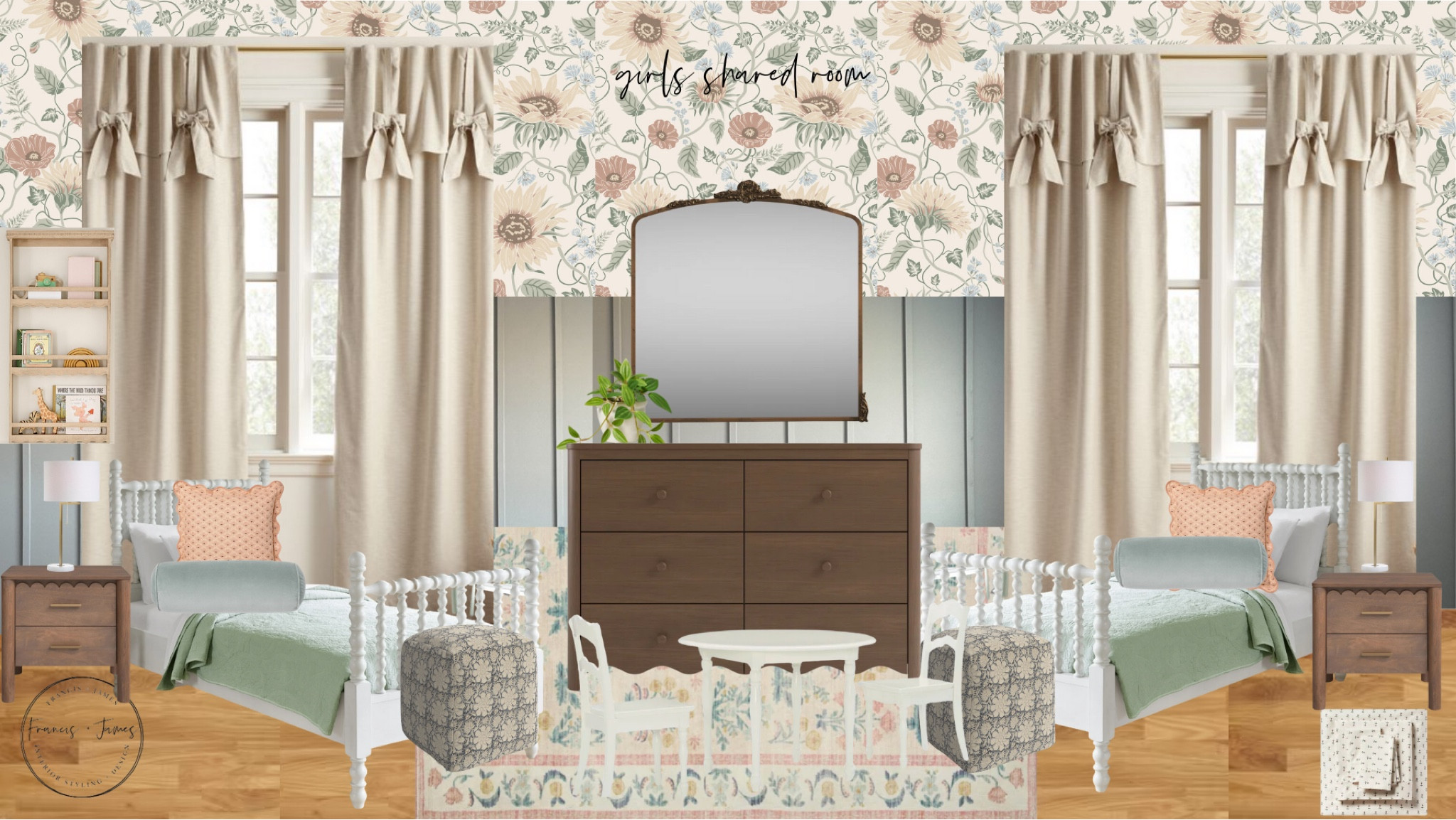 Girls room, shared room, shared girls room, sister room, playroom, sleepover room, girl nursery, baby nursery, floral pillows, floral ottoman, little girl room, play table, kids table, wooden bed, white bed, antique mirror, gold mirror, neutral curtains, spindle bed, scalloped dresser, girl room, whimsical baby roomm

#LTKBump #LTKBaby #LTKHome