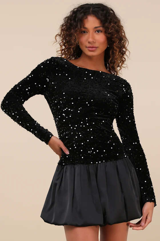 Event Aura Black Sequin Long Sleeve Mini Dress | Lulus