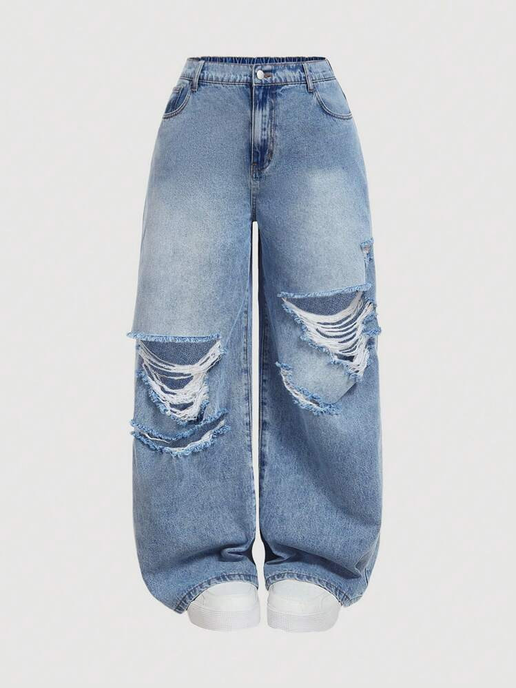 SHEIN MOD Plus Size Women Casual Loose Fit Distressed Wide Leg Jeans, Blue Summer,Vacation,Easter,Spring,Western,Office,Rave,Cottagecore,Country,Old Money Style Women,Going Out,,Festival,Rodeo,Airport,Kpop,Tropical Vacation,Nashville,European Summer,Concert,Cowgirl,Graduation,Elegant,Resort Wear Women,Business Casual Woman,Western Wear Women,Y2k,Y2k,Old Money Style Women,Holiday,Church,Airport /Airport Baggy Jeans | SHEIN