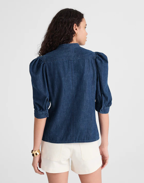 Denim Puff-Sleeve Band-Collar Shirt | Madewell | Madewell
