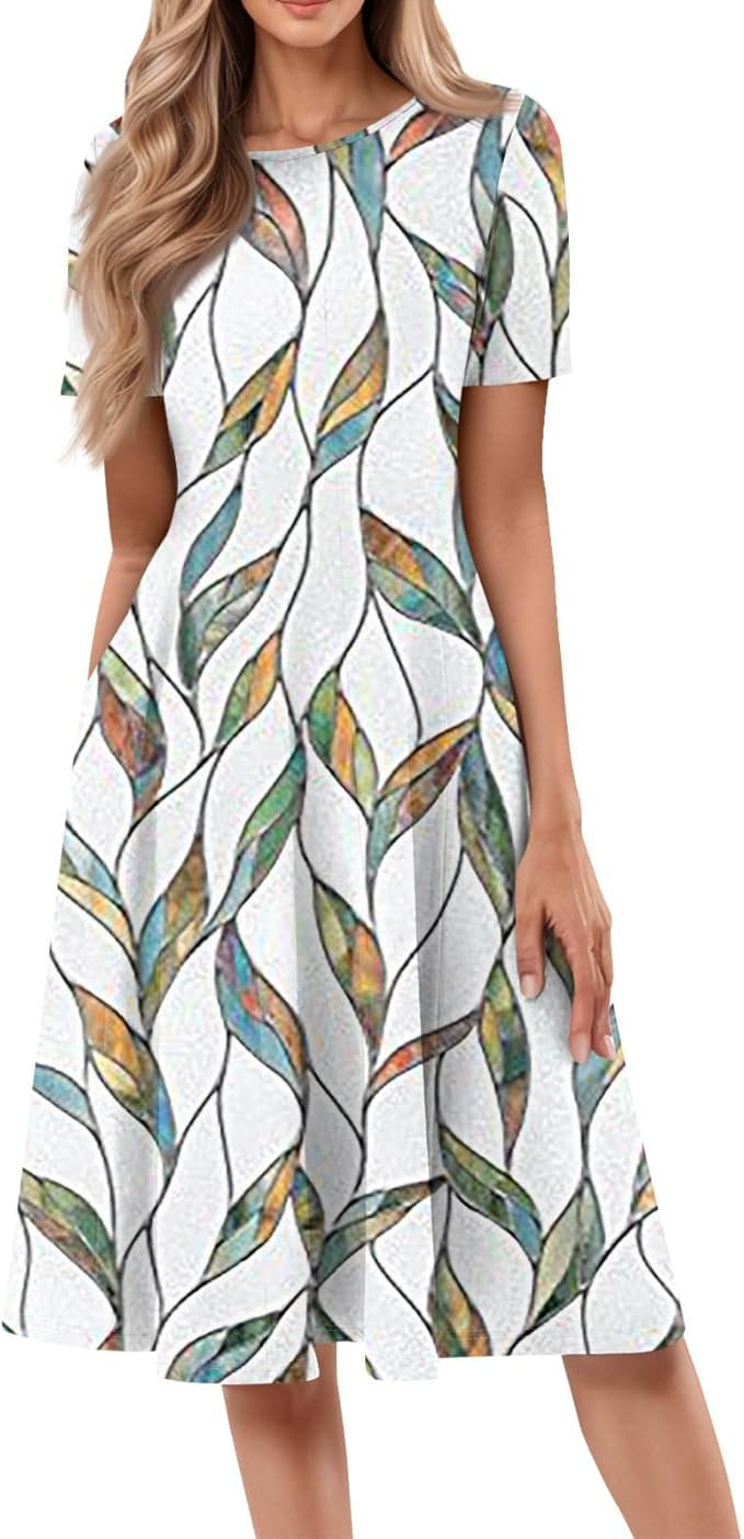 Summer Dresses for Women 2025 Crew Neck Short Sleeve Boho Beach Vacation Floral/Solid Midi Sundre... | Amazon (CA)