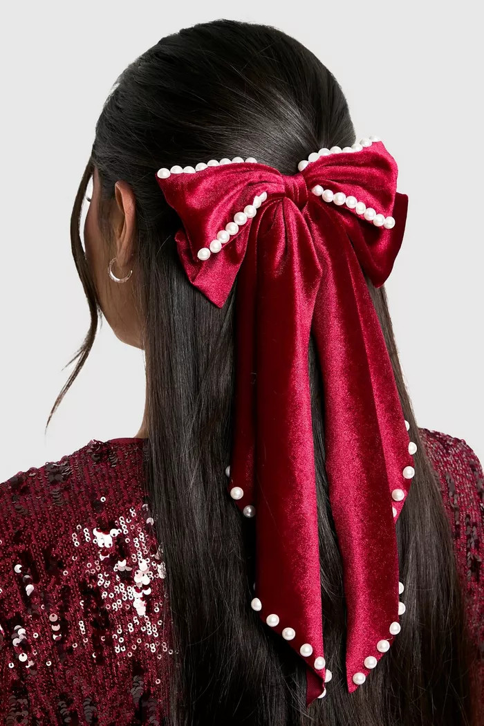 Pearl Details Velvet Oversized Bow | Boohoo.com (UK & IE)